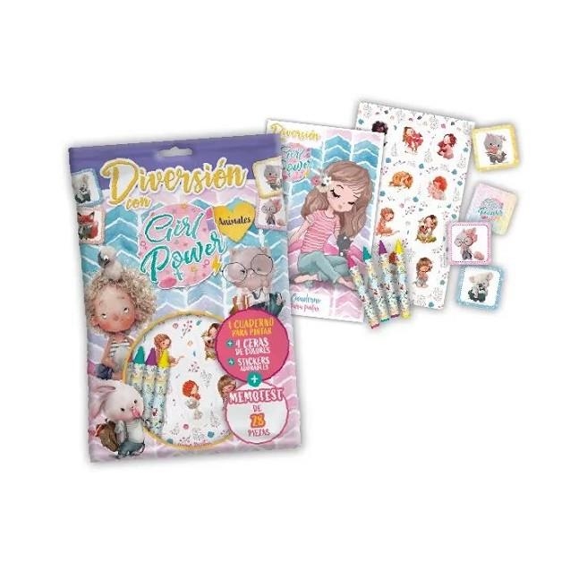 DIVERSION CON GIRL POWER ANIMALES CUADERNO DE PINTAR + CERAS DE COLORES + STICKERS + MEMOTEST | 8424248920456
