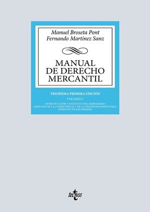MANUAL DE DERECHO MERCANTIL VOL. I. INTRODUCCIÓN Y ESTATUTO DEL EMPRESARIO. DERECHO DE LA COMPETENCIA Y DE LA PROPIEDAD INDUSTRIAL. DERECHO DE SOCIEDA | 9788430992669 | BROSETA PONT, MANUEL/MARTÍNEZ SANZ, FERNANDO